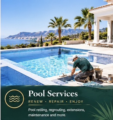 Avanti Services team member retiling the edge of a villa swimming pool overlooking the coast